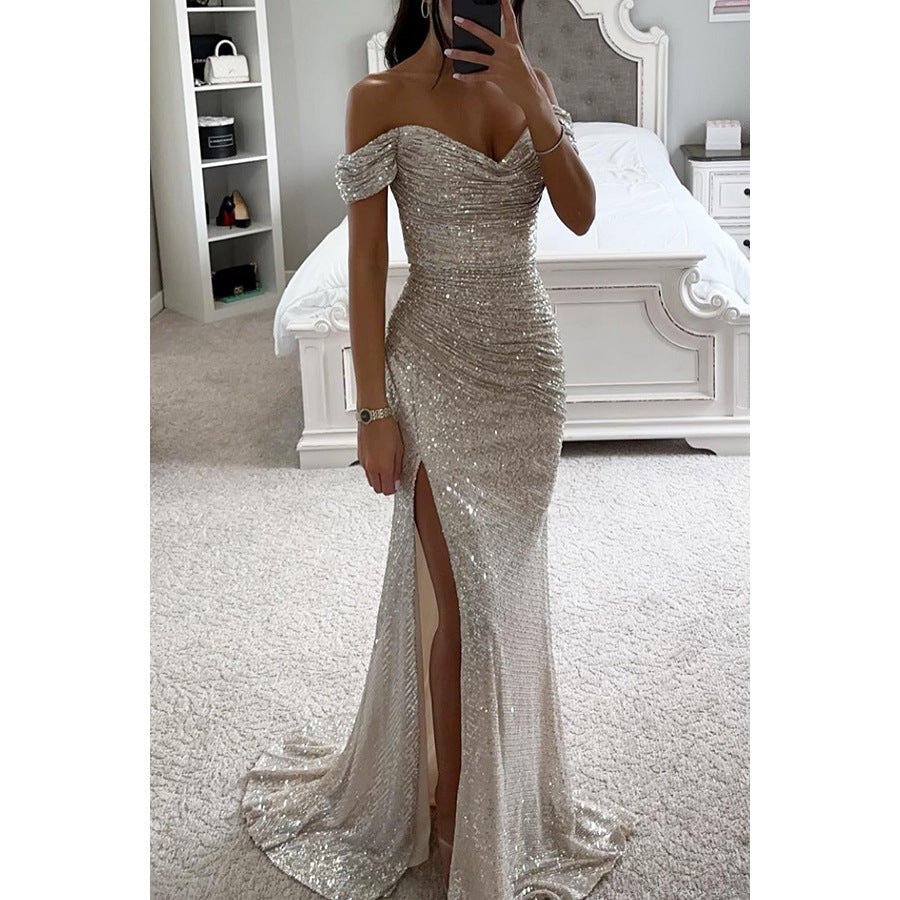 Party Sequins Off-neck Split Dress .Casual Fashion Dress For Women