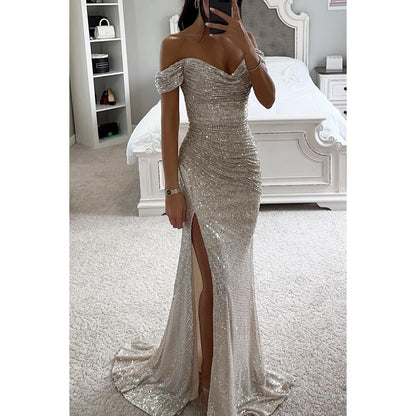 Party Sequins Off-neck Split Dress .Casual Fashion Dress For Women