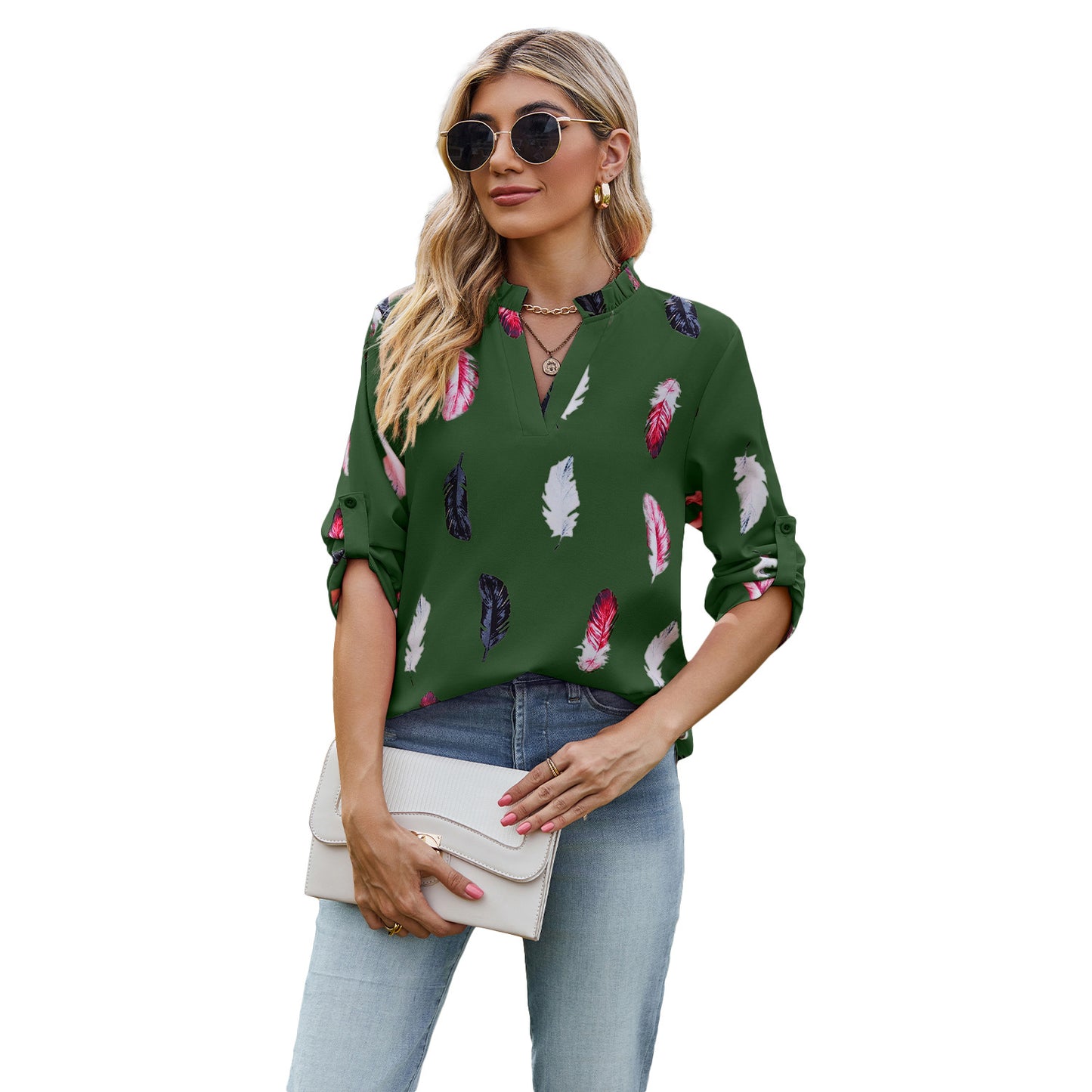 V-neck Feather Printed Sleeves Loose Shirt
