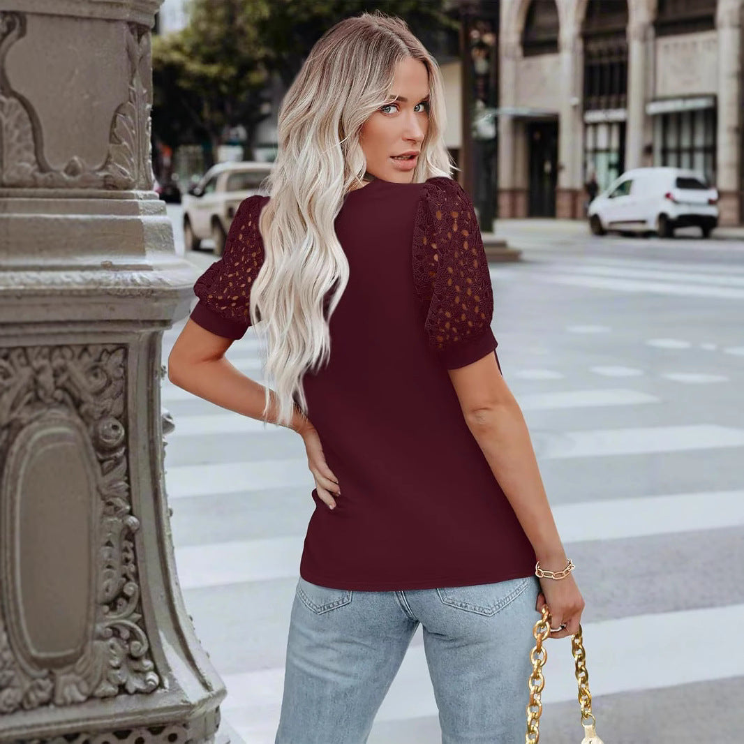 Round Neck Short Sleeve Loose T-shirt Lace Stitching Coat