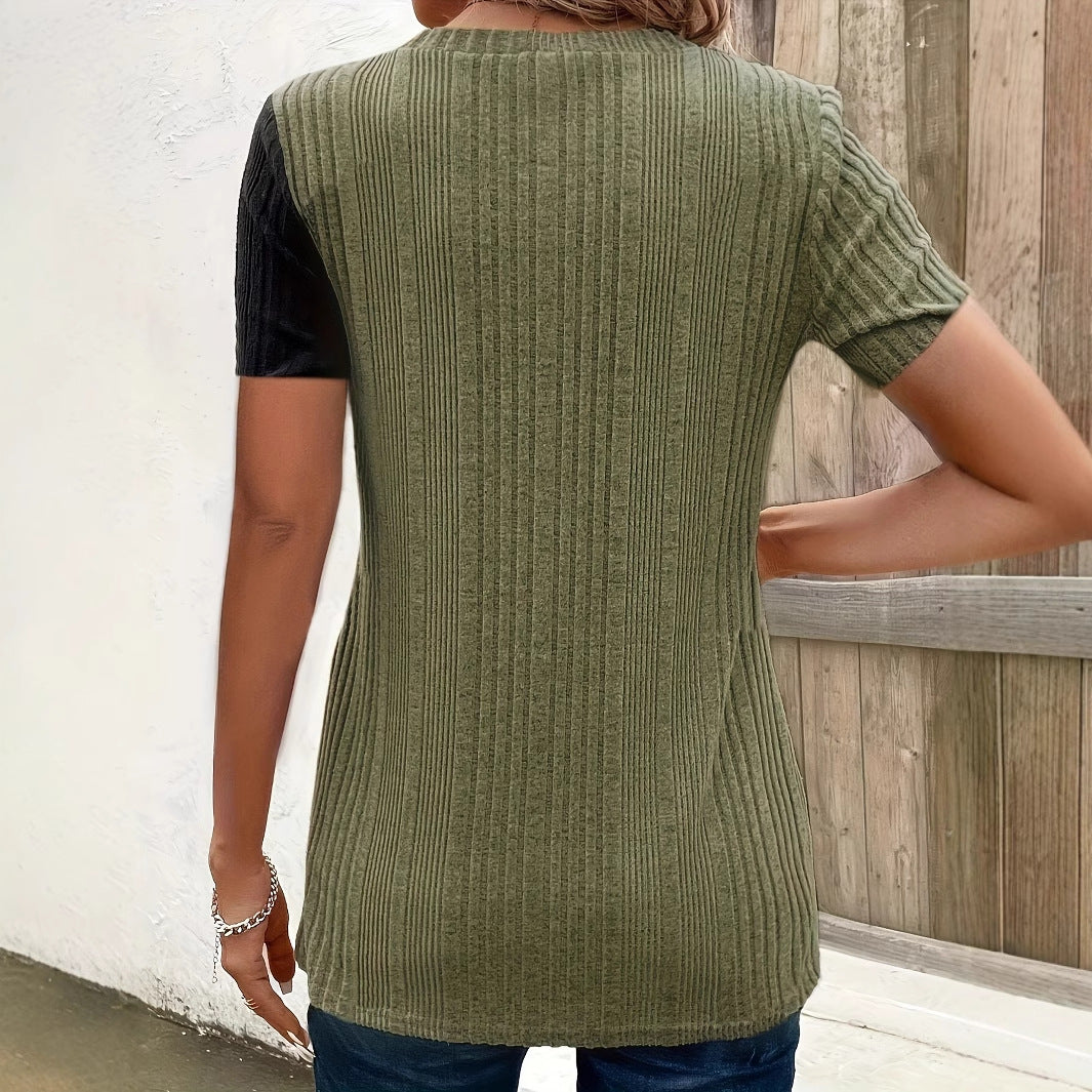 Women's Fashion Fake Button Contrasting Short Sleeved Pullover Top