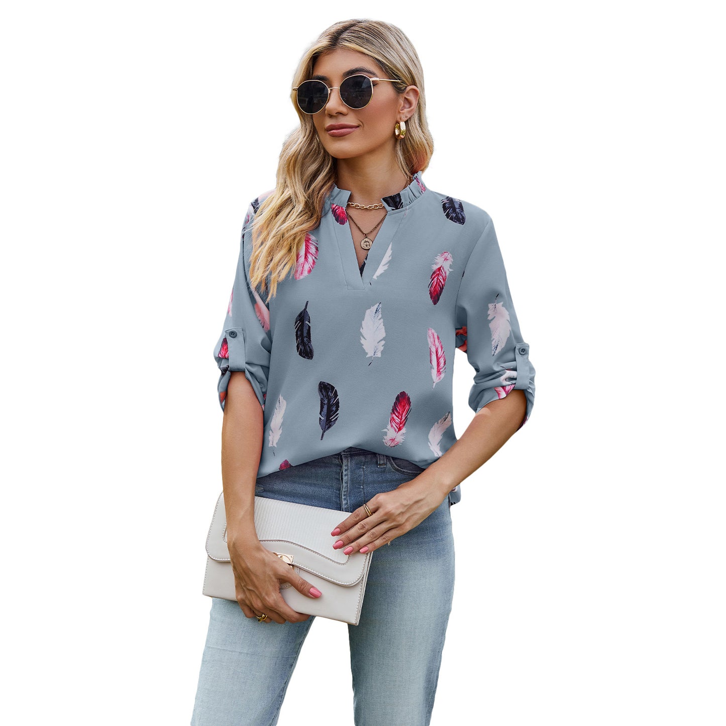 V-neck Feather Printed Sleeves Loose Shirt