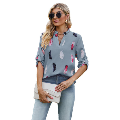 V-neck Feather Printed Sleeves Loose Shirt