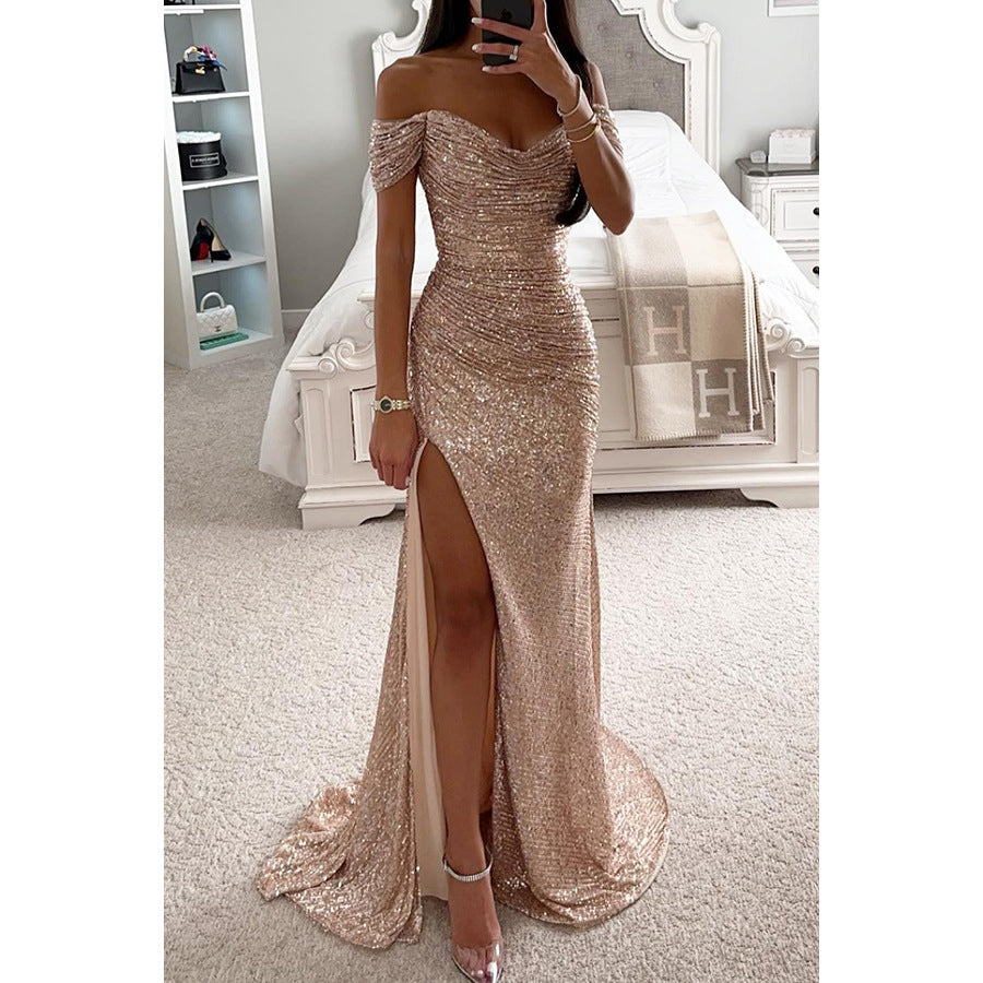 Party Sequins Off-neck Split Dress .Casual Fashion Dress For Women