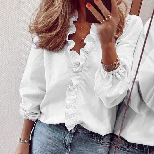 Women's Solid Color Long Sleeve Ruffled V-neck Pleated Shirt For Women