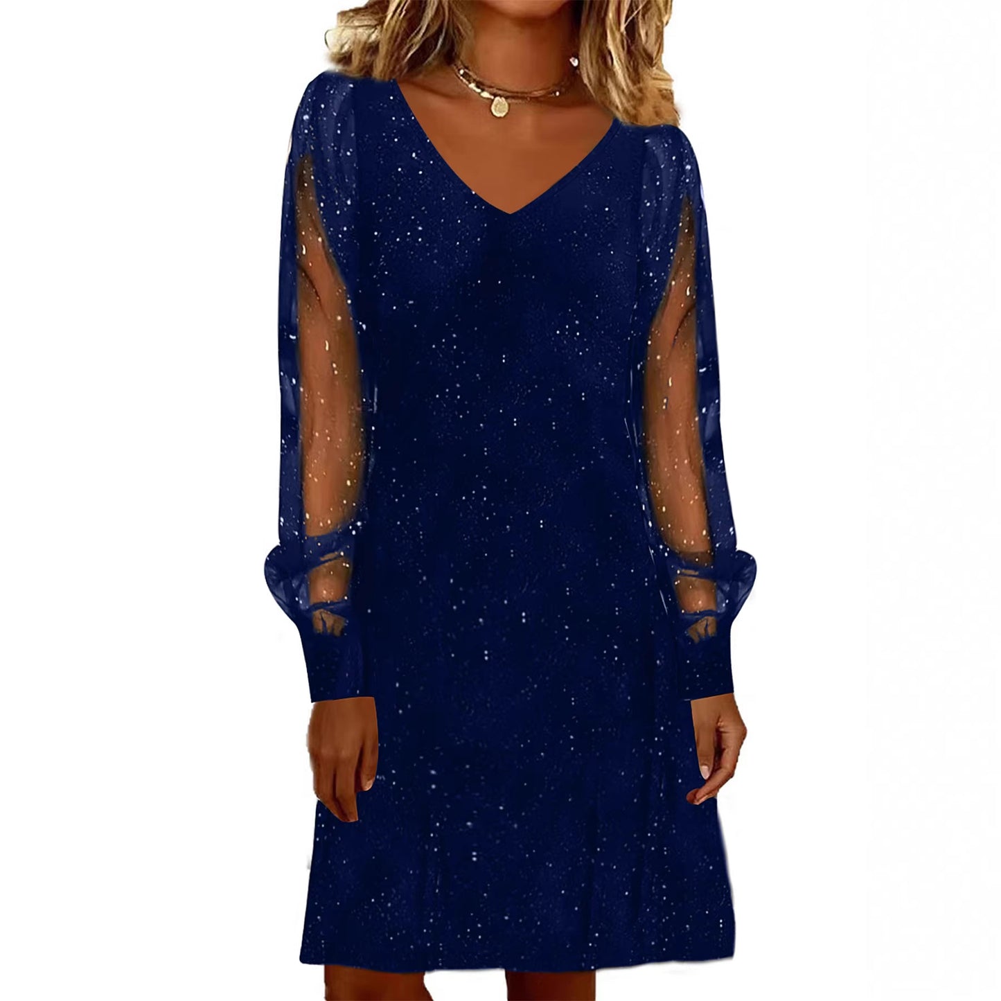 Womens V-neck Mesh Sleeve Sparkly Party Dress