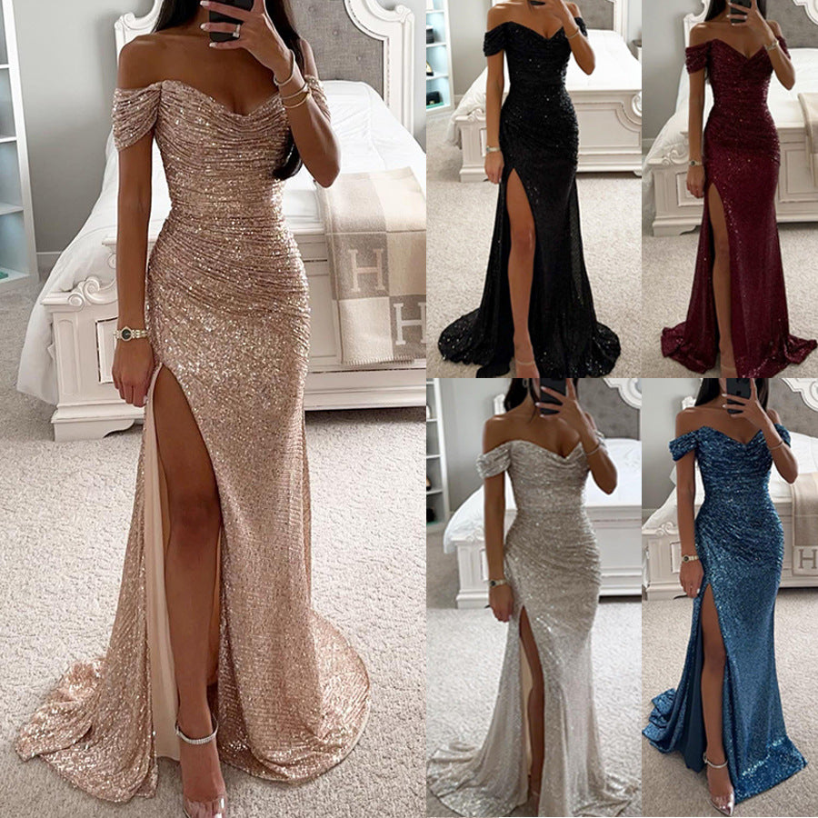 Party Sequins Off-neck Split Dress .Casual Fashion Dress For Women