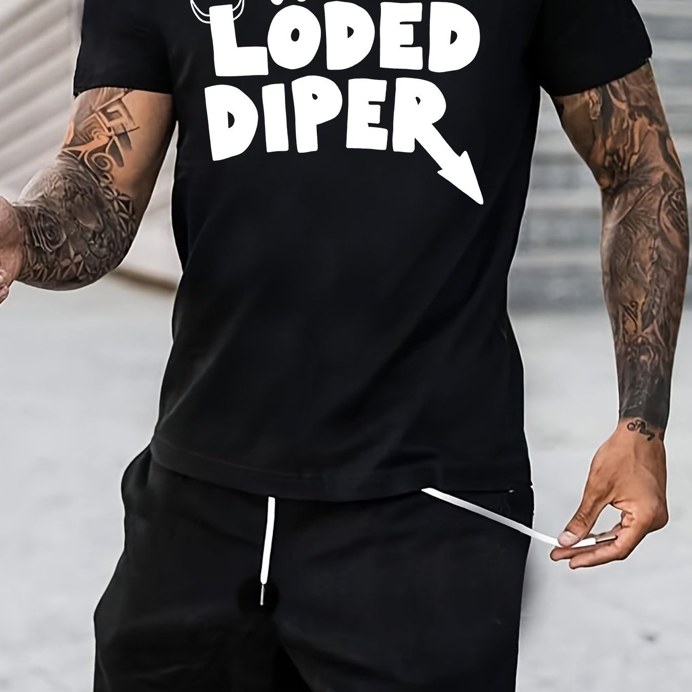 LODED DIAPER Letter Printed Men's Round Neck Short Sleeved T-shirt, Suitable For Daily Wear And Casual Summer Wear In Vacation Destinations