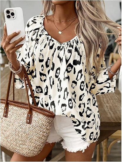 Spring And Summer Women's Top Leopard Print V-neck Pleated Seven Quarter Sleeve Shirt Temperament Commuting