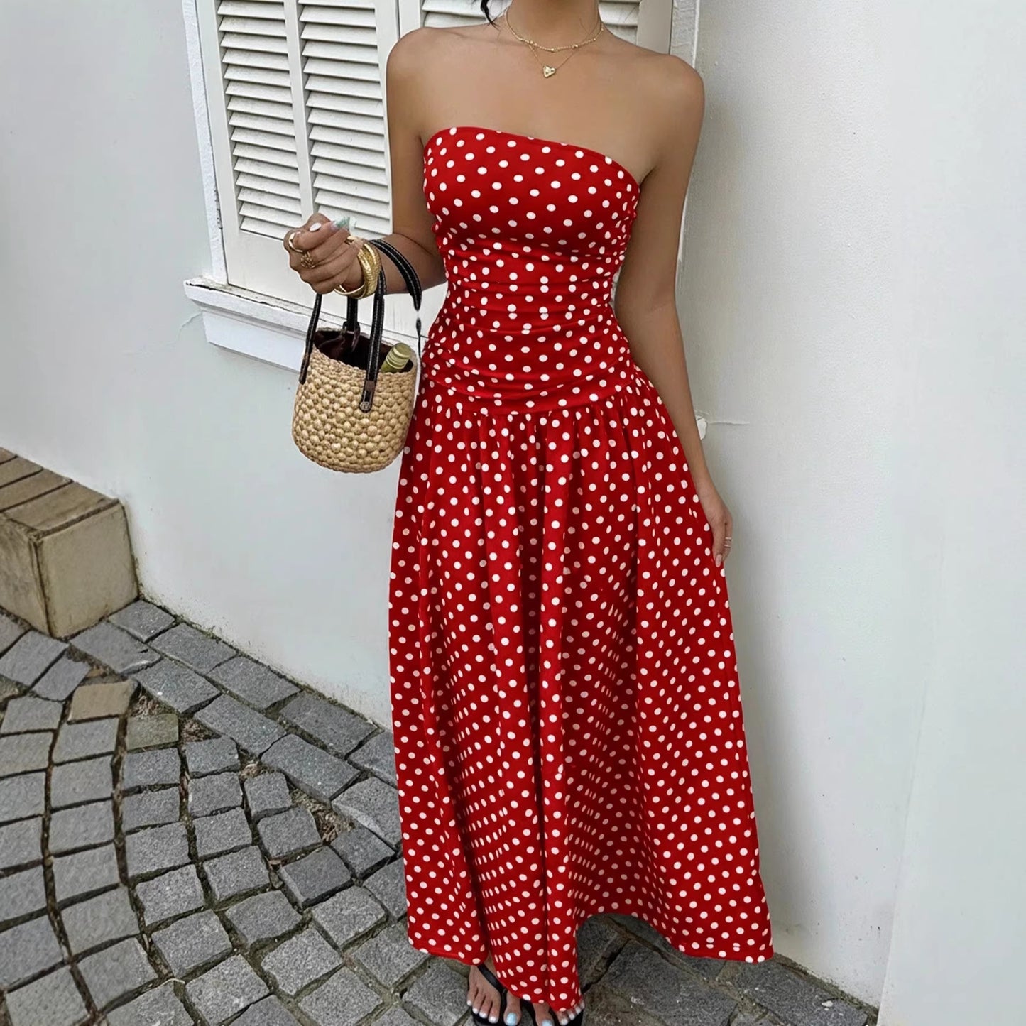 Off-the-shoulder Polka-dot A-line Waist-cinched Figure-flattering Dress