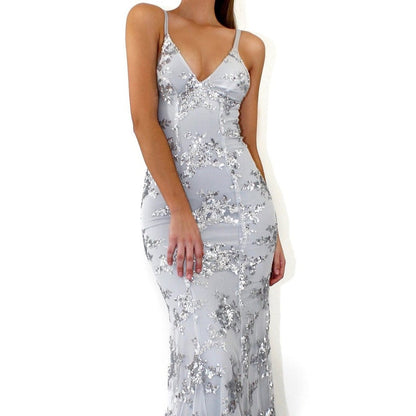 Dress V-neck Brace Backless Sequined Lace-up