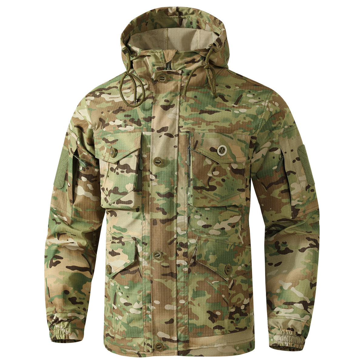 A hooded tactical jacket in a multicam camouflage pattern, featuring a button-front closure, multiple flap pockets, and zippered pockets, shown against a plain white background.