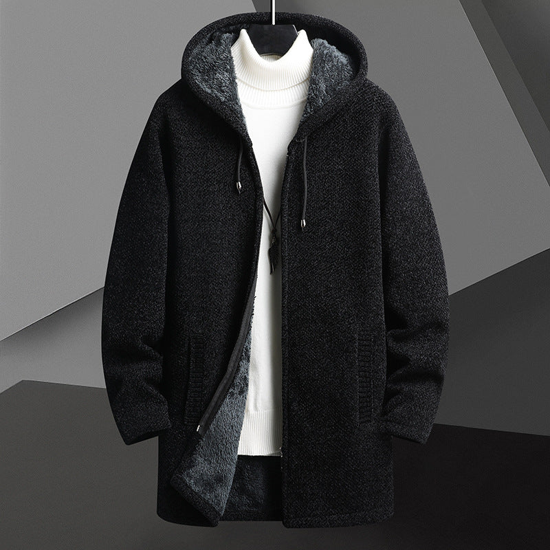 Black hooded coat with gray lining on a gray background
