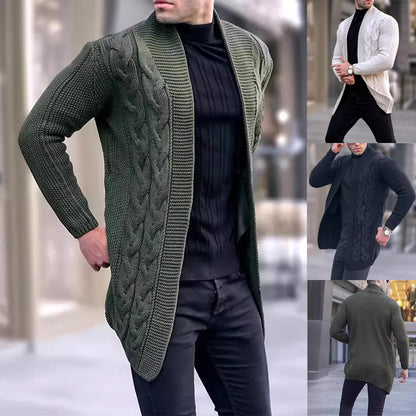 Green cable knit cardigan worn by a person with additional images of the cardigan.