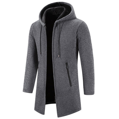 A men's mid-length hooded jacket in heather gray with a black inner lining, black drawstrings, and a vertical zippered pocket on the left side, shown against a plain white background.