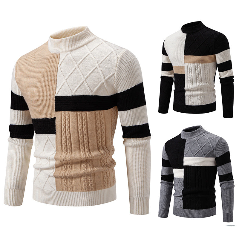 Three men's mock-neck knit sweaters shown on a white background, each with a different colorway: one cream, black, and beige; one cream, black, and tan; and one gray, black, and cream. The sweaters feature a patchwork design with knit, cable, and striped sections.