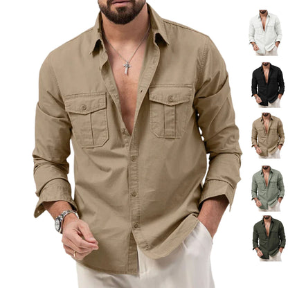 A man wearing a light tan long-sleeve button-up shirt with two chest pockets, shown against a white background. Five smaller thumbnails on the right show the same shirt in other colors: white, black, tan, sage green, and dark green.