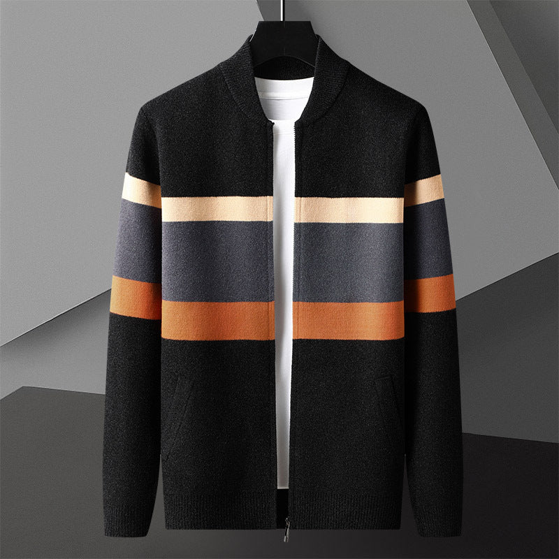 Black jacket with colorful stripes on a gray background