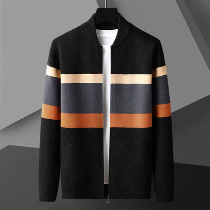 Black jacket with colorful stripes on a gray background