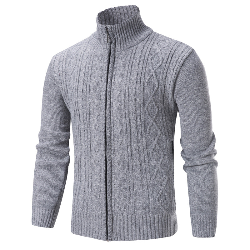Gray knitted sweater with a zipper on a white background