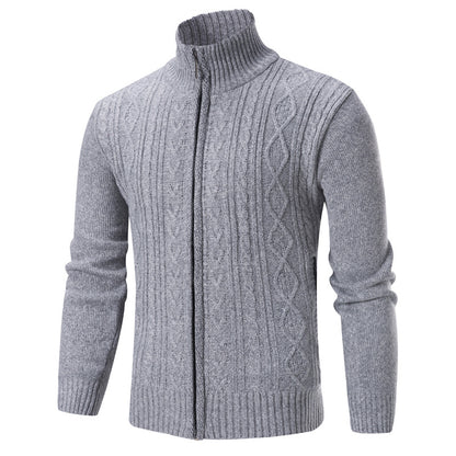 Gray knitted sweater with a zipper on a white background