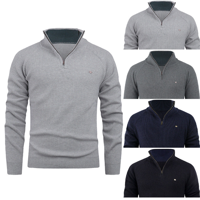 A men's quarter-zip ribbed knit sweater shown in four color options: light gray, dark gray, navy, and black. The main, largest view shows the light gray version, with smaller views of the other colors arranged on the right against a white background.