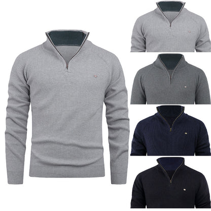 A men's quarter-zip ribbed knit sweater shown in four color options: light gray, dark gray, navy, and black. The main, largest view shows the light gray version, with smaller views of the other colors arranged on the right against a white background.