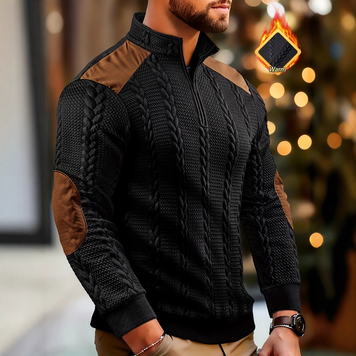 Man wearing a black and brown sweater with a blurred background