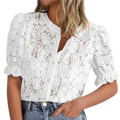 European And American Summer Lace Short Sleeve Casual Button Shirt