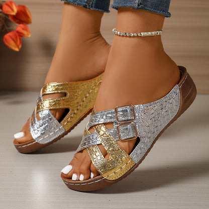 Women's European And American Color Matching Belt Buckle Sandals