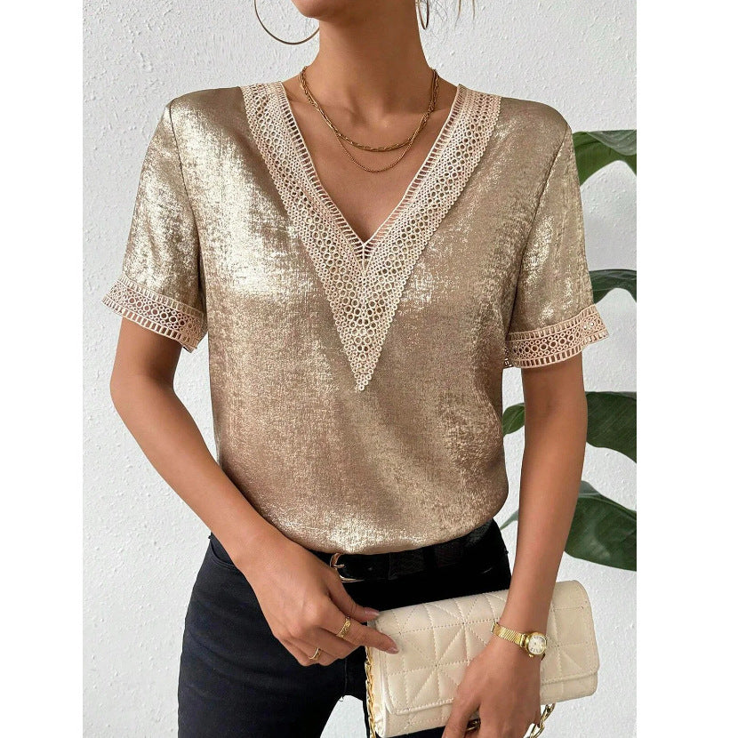 Women's Comfortable Elegant Lace V-neck Stitching Short Sleeve