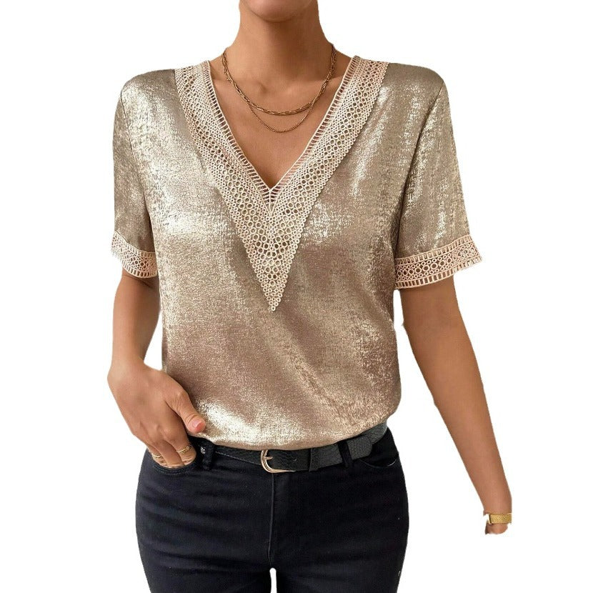 Women's Comfortable Elegant Lace V-neck Stitching Short Sleeve