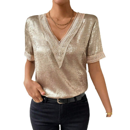 Women's Comfortable Elegant Lace V-neck Stitching Short Sleeve