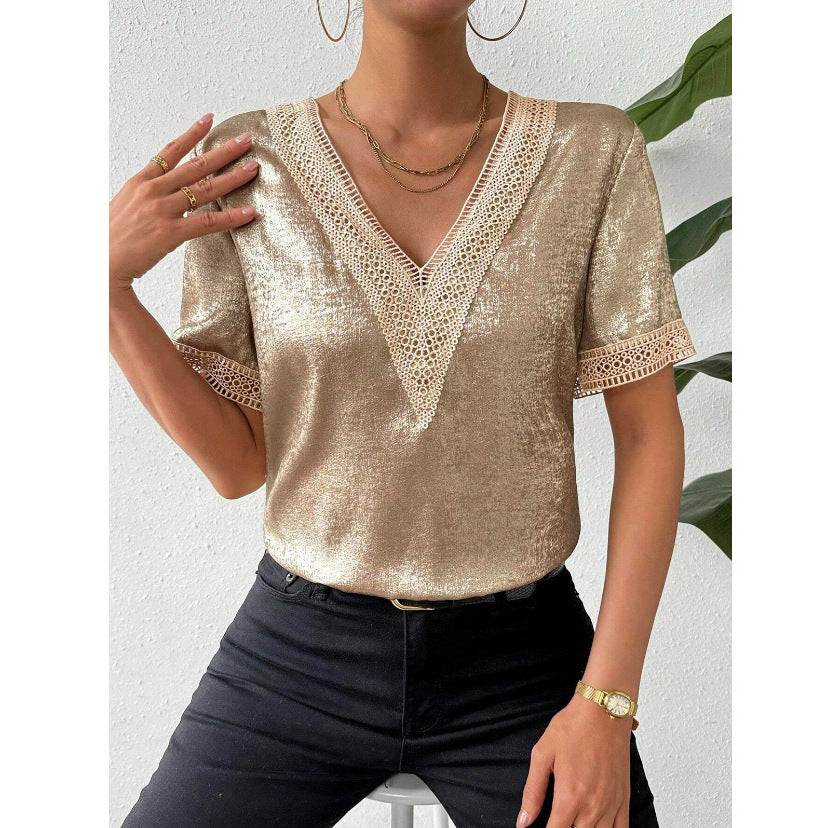Women's Comfortable Elegant Lace V-neck Stitching Short Sleeve