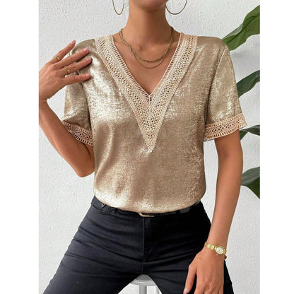 Women's Comfortable Elegant Lace V-neck Stitching Short Sleeve