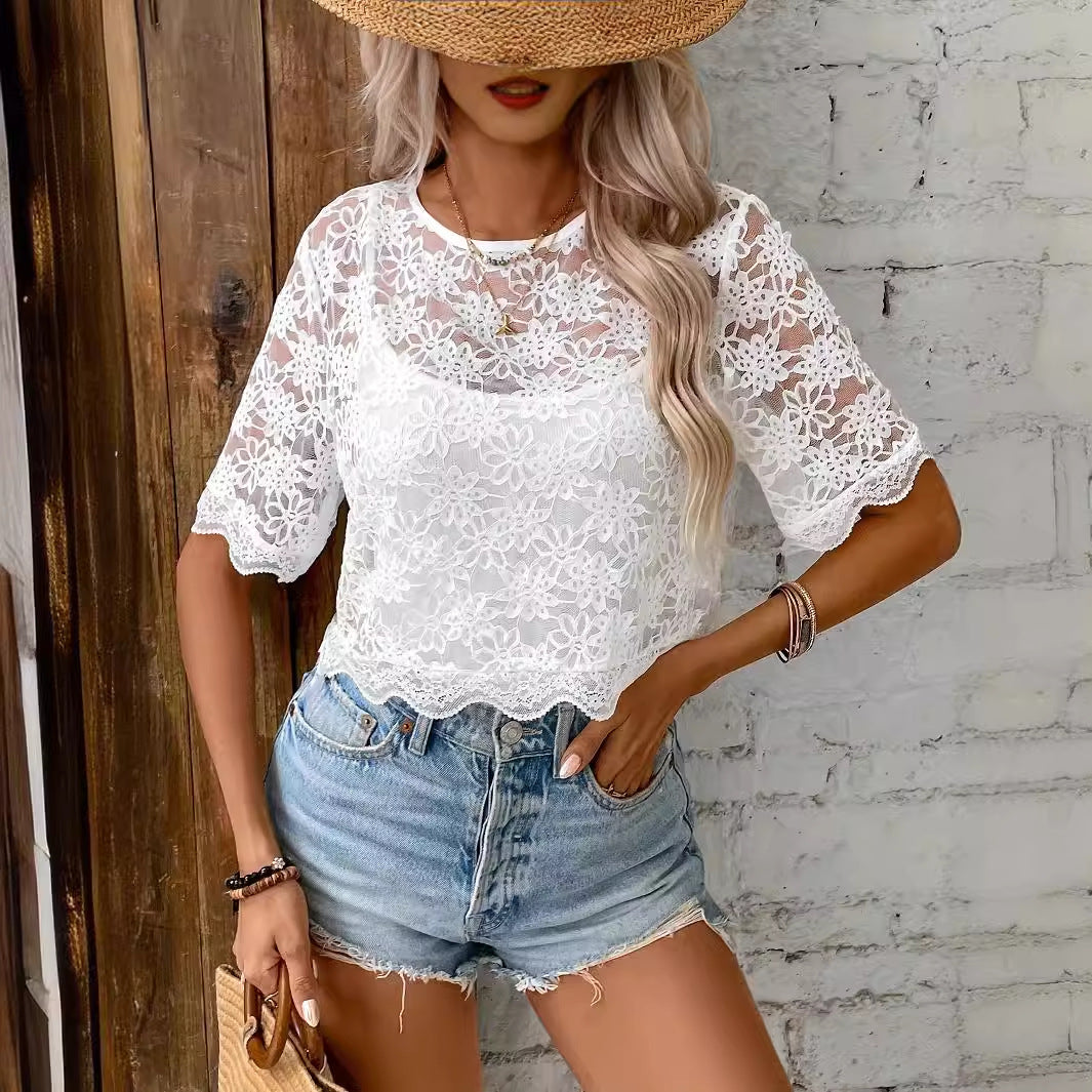 Fashionable Elegant Solid Color Lace Round Neck T-shirt