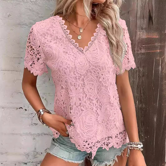 New Women's Fashion Tops T-shirt Lace Short Sleeve