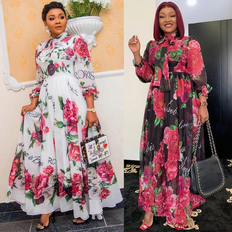 Two women wearing floral dresses with a split-screen effect.
