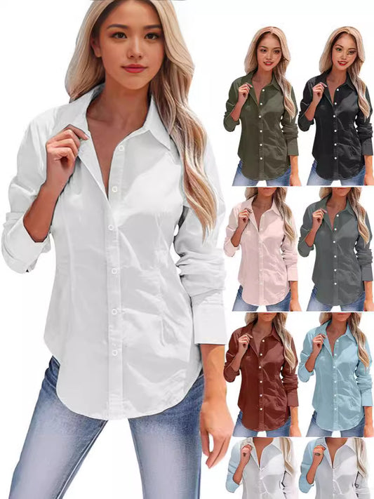 A woman modeling a white long-sleeve button-up shirt with jeans, with nine smaller color variant thumbnails along the right side showing the same shirt in olive green, black, light pink, charcoal gray, brown, light blue, cream, and white.