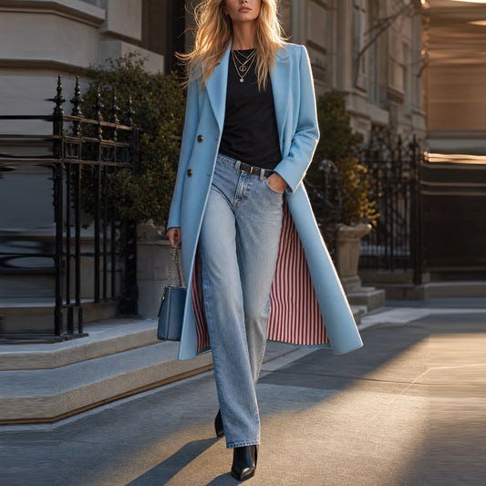 A woman walking on a city sidewalk wearing a light blue long coat over a black top and light blue jeans, with a red-and-white striped lining visible inside the coat. She is holding a blue handbag and wearing layered gold necklaces.