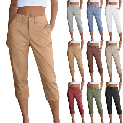 Collection of capri pants in various colors on a white background