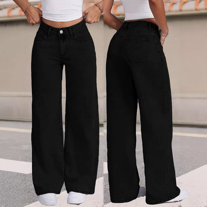 Two people wearing black wide-leg jeans and white tops on a street.