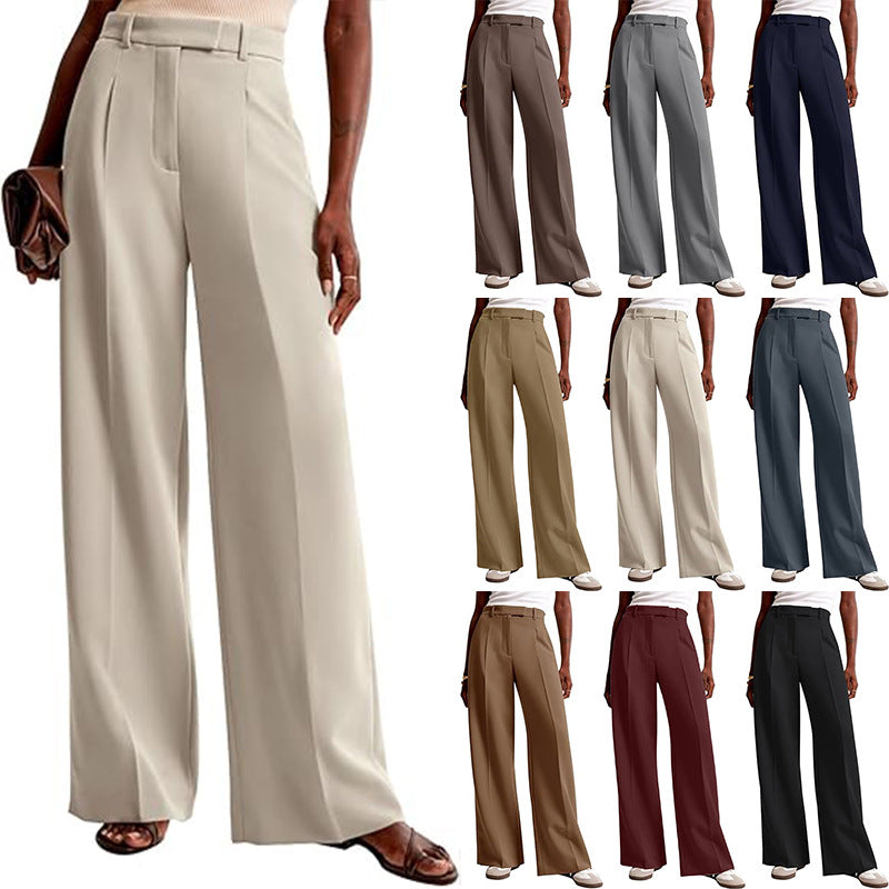 Wide-leg pants in various colors worn by a model on a white background