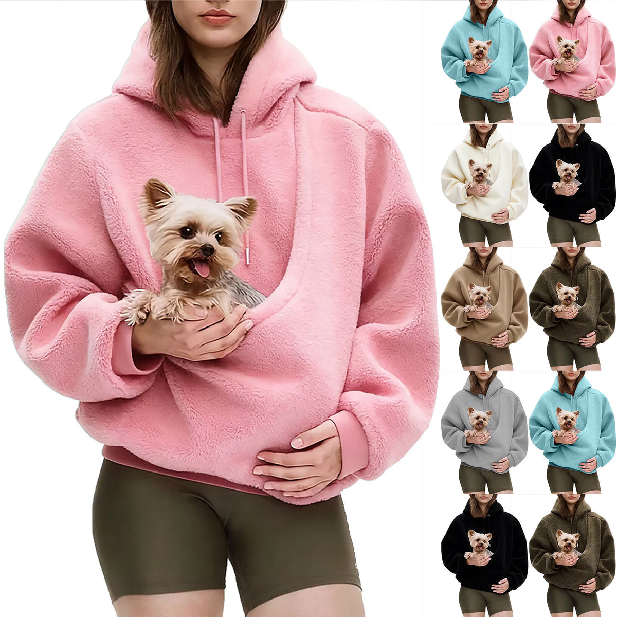 Person wearing a pink hoodie holding a small dog, with multiple color options displayed.