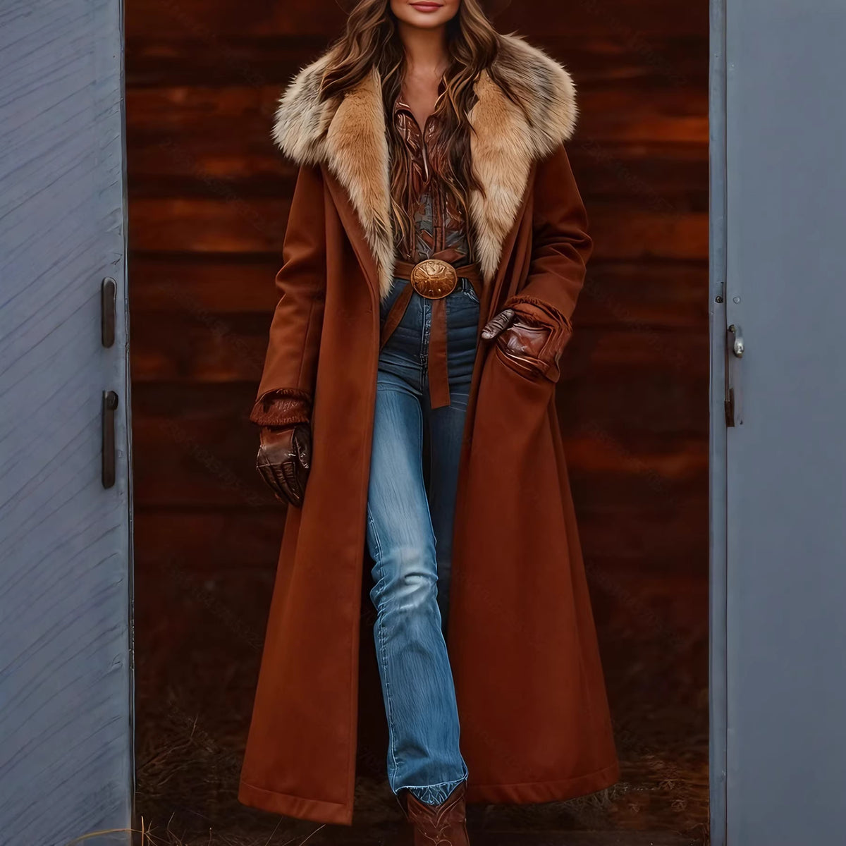A woman models a long brown coat with a beige fur-trimmed collar, styled with blue jeans, a brown belt, and brown boots, standing in front of a rustic wooden door.