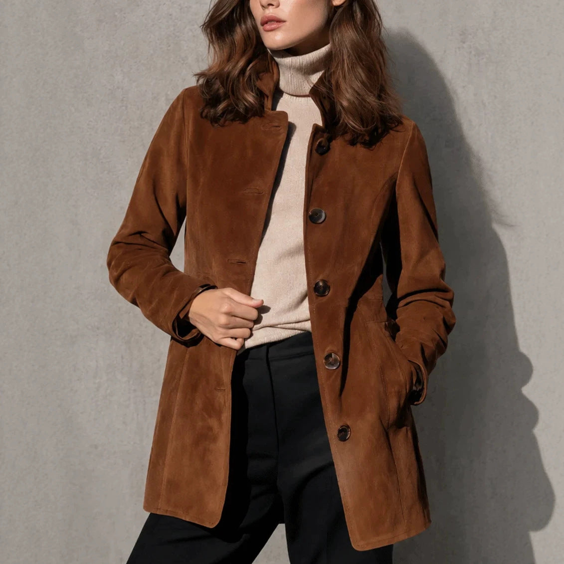 A woman wearing a brown suede-like coat over a beige turtleneck sweater and black pants, standing against a textured gray wall.