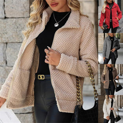 A woman wearing a textured zip-front jacket in a light beige/cream color, layered over a black top and black pants. The main panel is a close-up, while four smaller panels on the right show the same jacket in different colors (red, gray, taupe, and white) against outdoor stone wall backdrops.