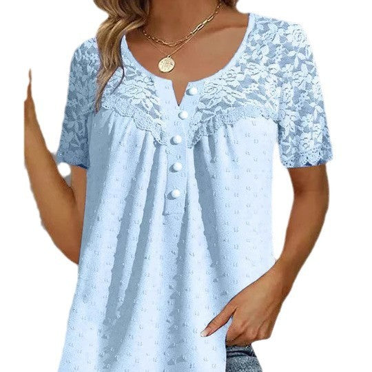 European And American Women's Clothing Lace V-neck Patchwork T-shirt