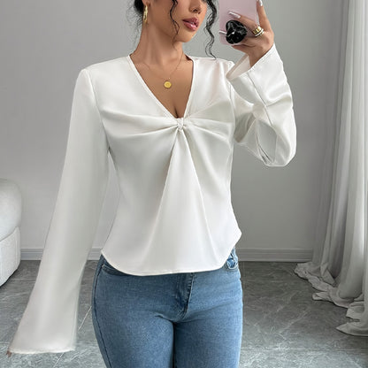 Women's Elegant Solid Color V-neck Ruffled Front Flared Sleeve Shirt