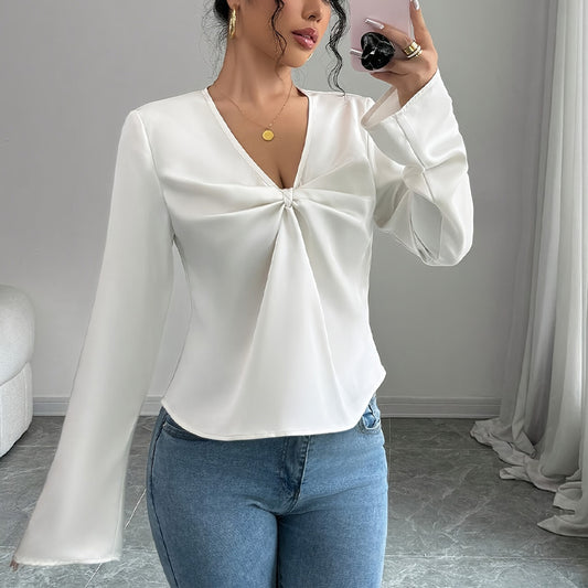 Women's Elegant Solid Color V-neck Ruffled Front Flared Sleeve Shirt